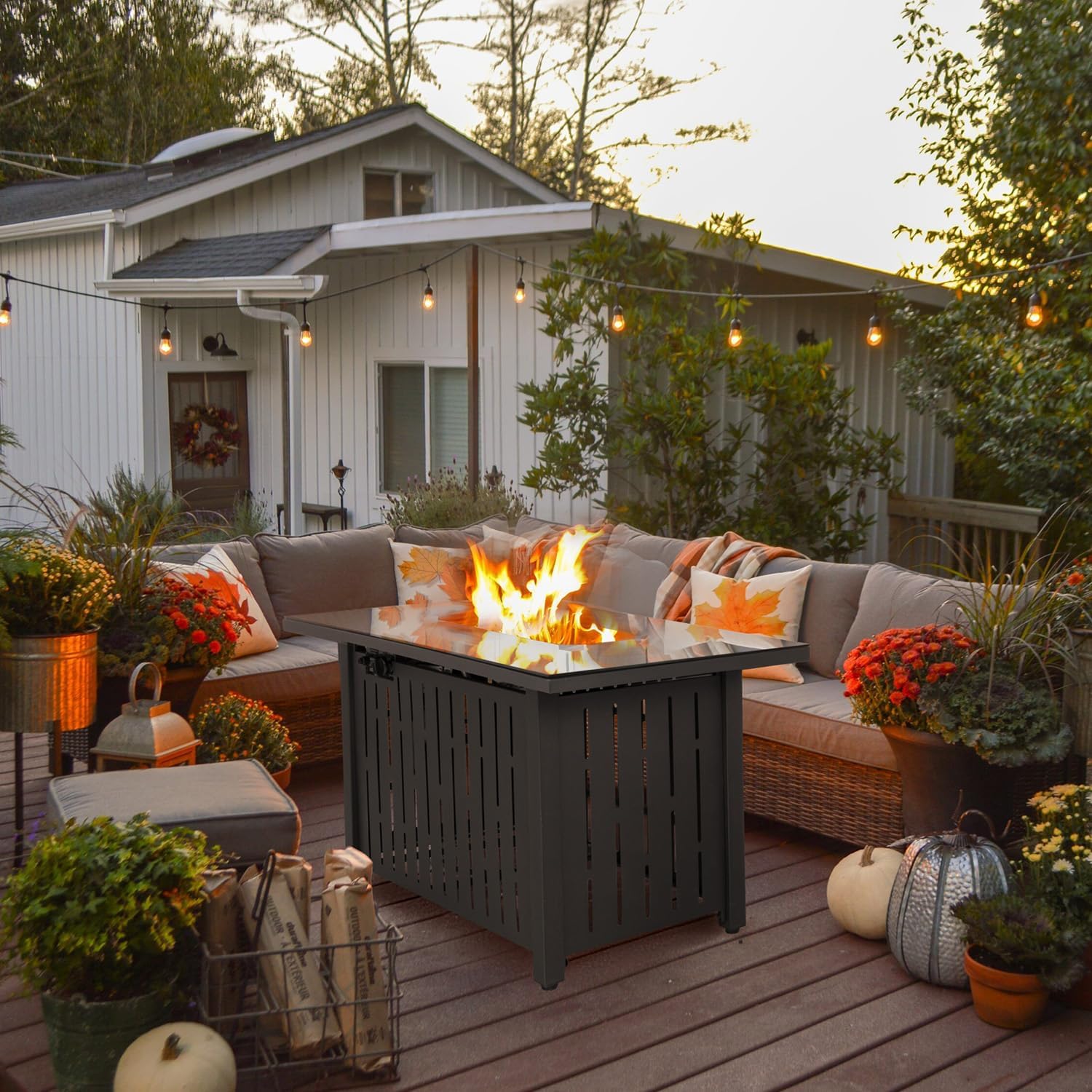 Flamaker Gas Fire Pit Table 43 inch 50000 BTU Outdoors Gas Propane Firepits with Tempered Glass Desktop, Lid & Lava Rock and Waterproof Cover for Deck, Backyard, Patio