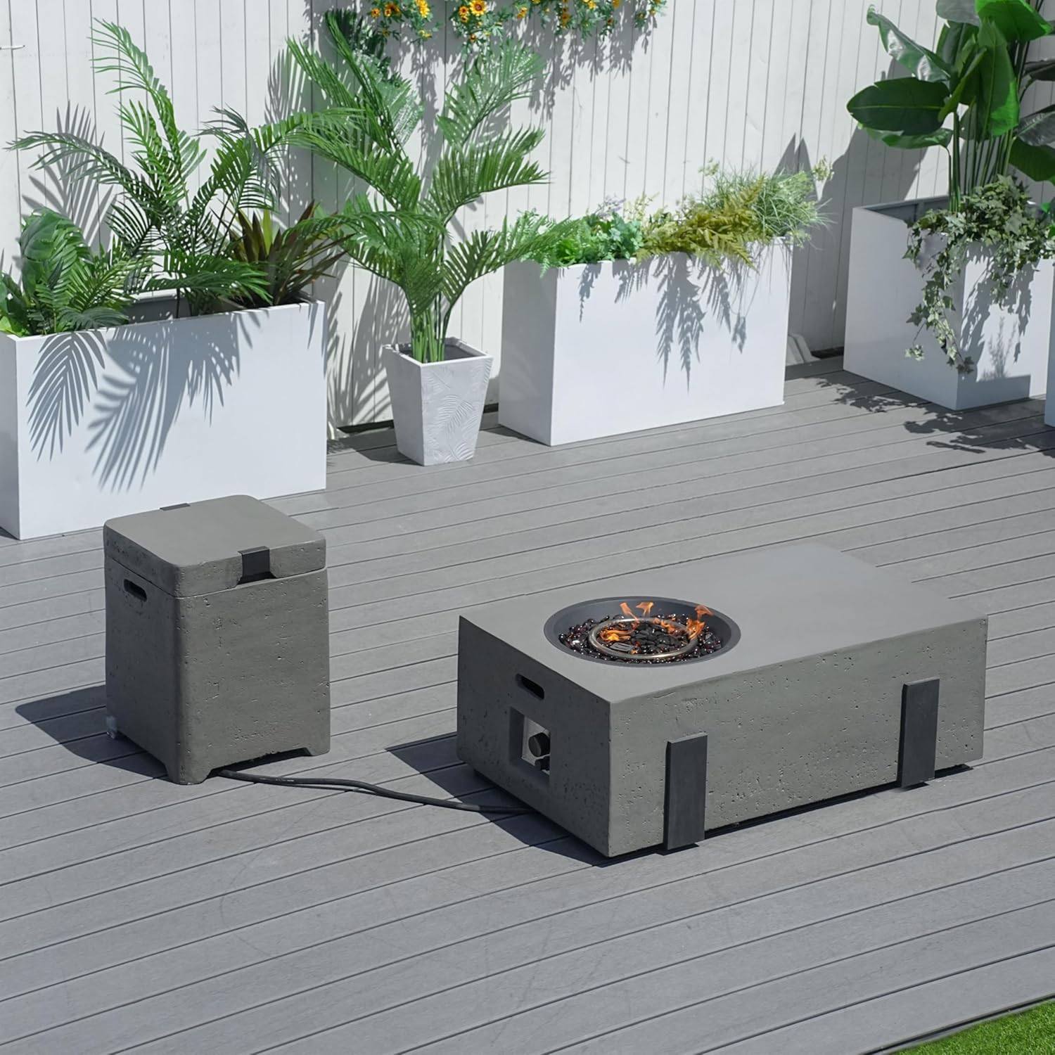 2 Piece 42-Inch Outdoor Fire Pit Table with 40,000 BTU Propane Gas, 3 in 1 Fire Pit, Baking Sheet, Wind Guard & 16-Inch Tank Side Table for Garden, Backyard, Deck & Pool, Grey