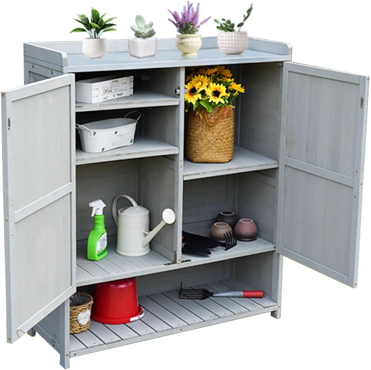 Wooden Outdoor Storage Cabinet with Doors Removable Shelves, Outdoor Cabinets Weatherproof Patio Easy to Assemble, for Delivery Patio Garden and Porch