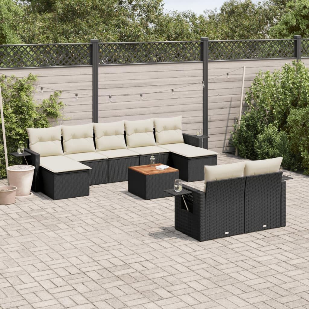 10-Piece Garden Sofa Set in Black and Cream White, Modular Outdoor Furniture with Removable Cushions, Durable Poly Rattan and Steel Construction for Patio, Balcony, or Garden