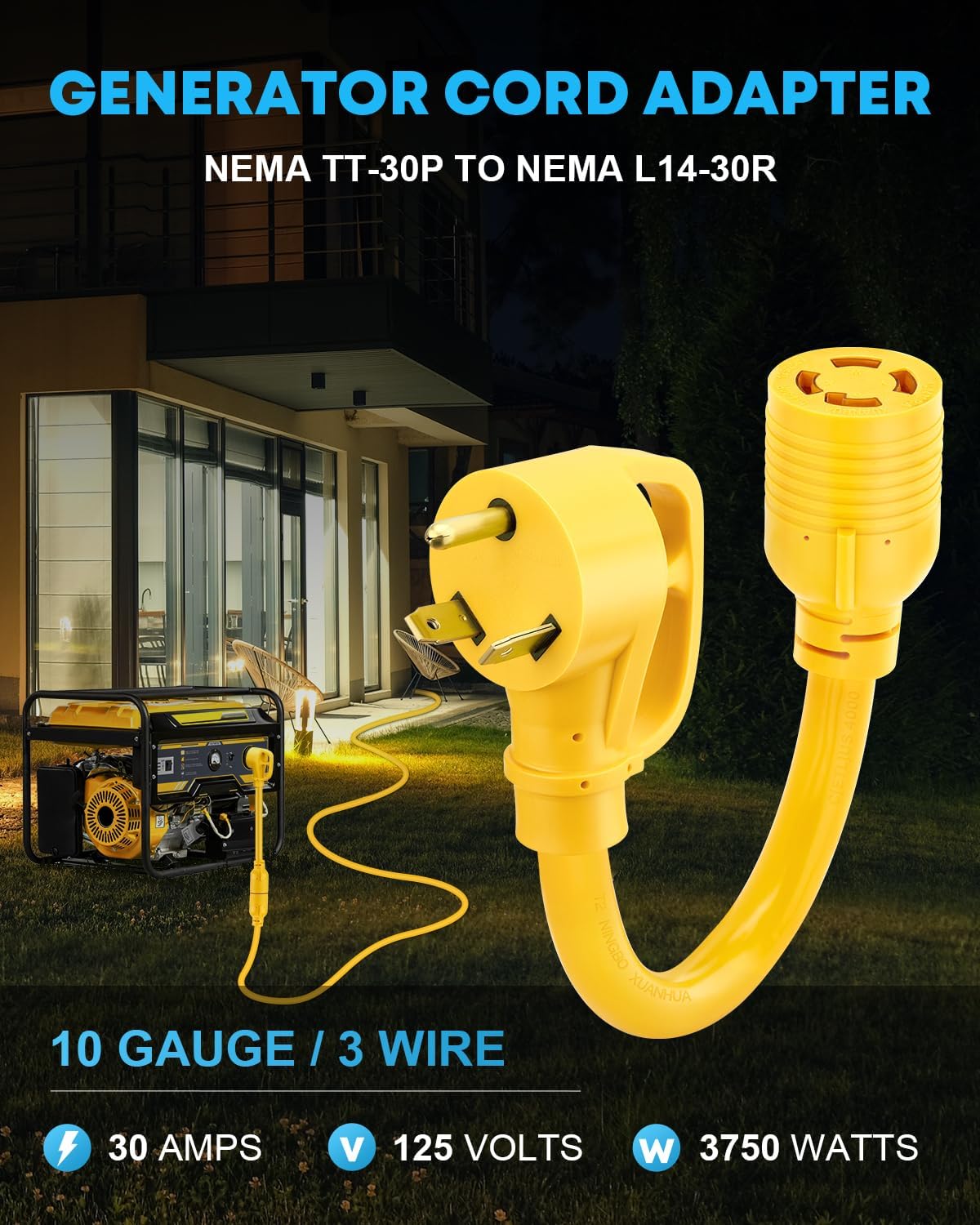 Kohree TT-30P to L14-30R Generator Adapter + L14-30 Generator Cord 20ft