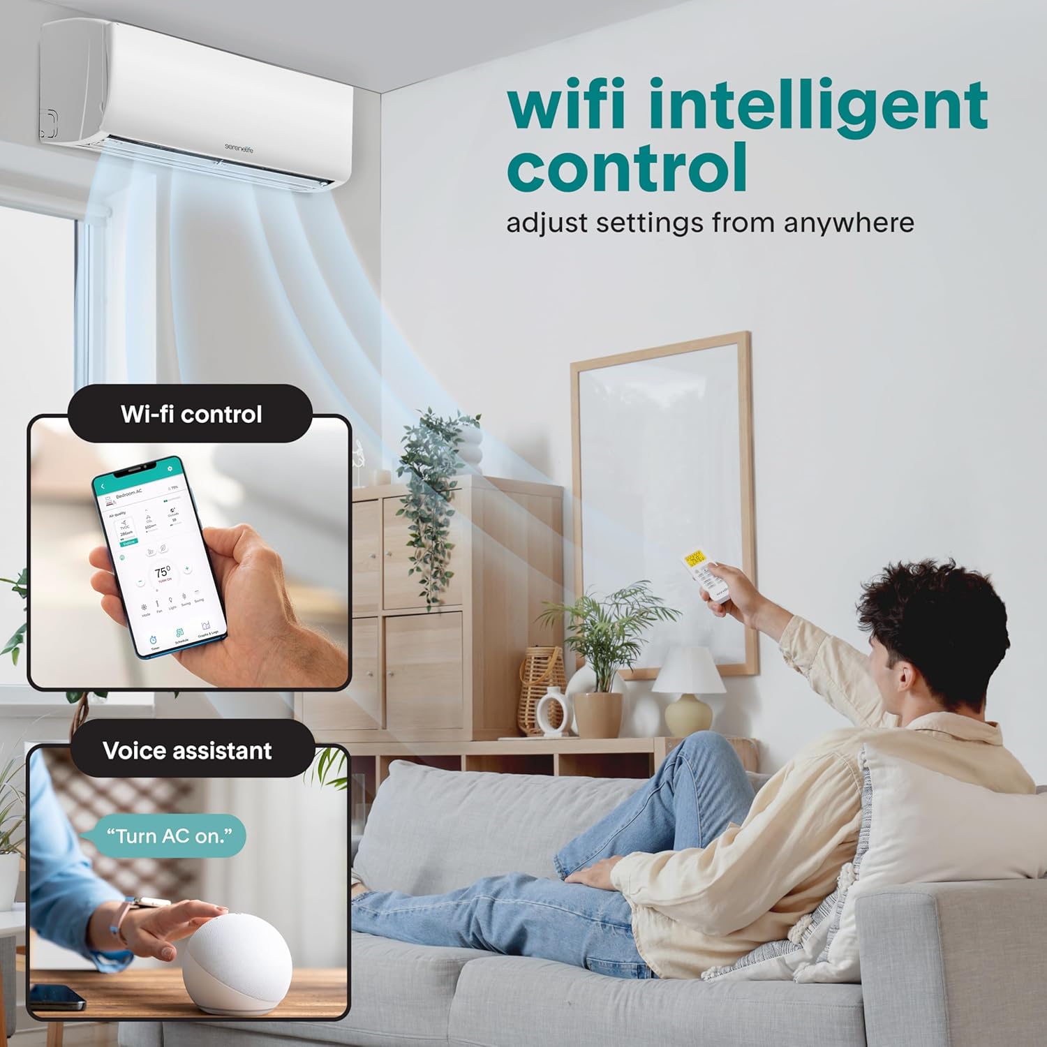 SereneLife 9,000 BTU Mini Split AC/Heating System 115V – Mini Split Air Conditioner with Heat Pump, WiFi, Fast Cooling & Heating for Home/Bedroom/Office – Up to 450 Sq Ft