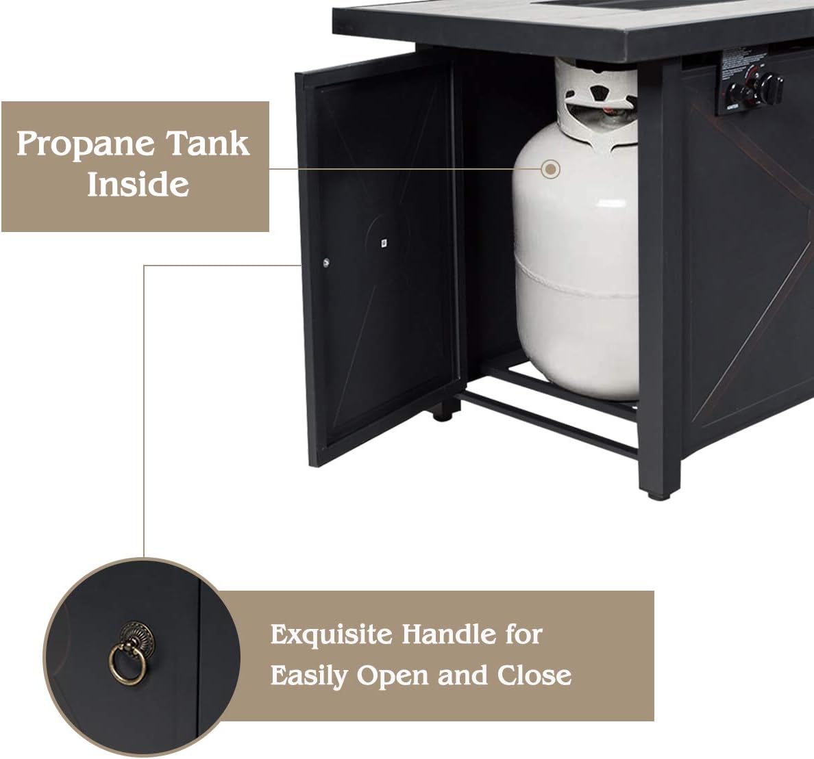 42-Inch Fire Table Outdoor, 60,000 BTU Propane Gas Fire Pit Table with Ceramic Tiles Tabletop, Lid, Lava Rock, Electric Igniter & Hideaway Tank Holder, Fire Pit for Outside, Garden(Black)