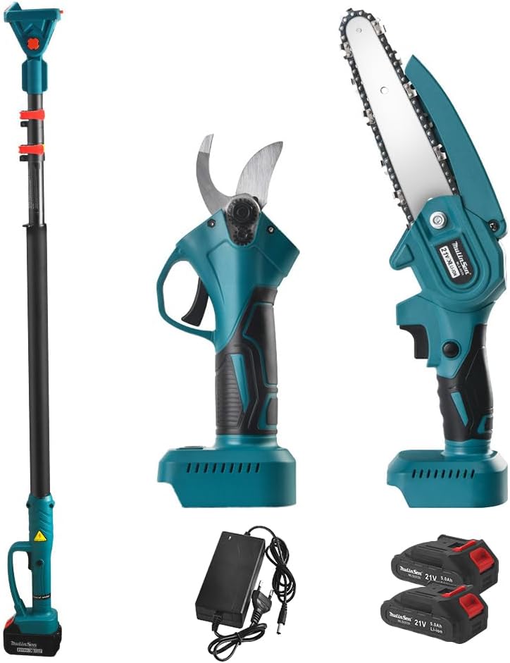 YUEWO Cordless Electric Pruner Kit 1 Inch Pruning Shears and Handheld Electric Chain Saw with 6.99 Feet Foldable Extension Pole SK5 Blades