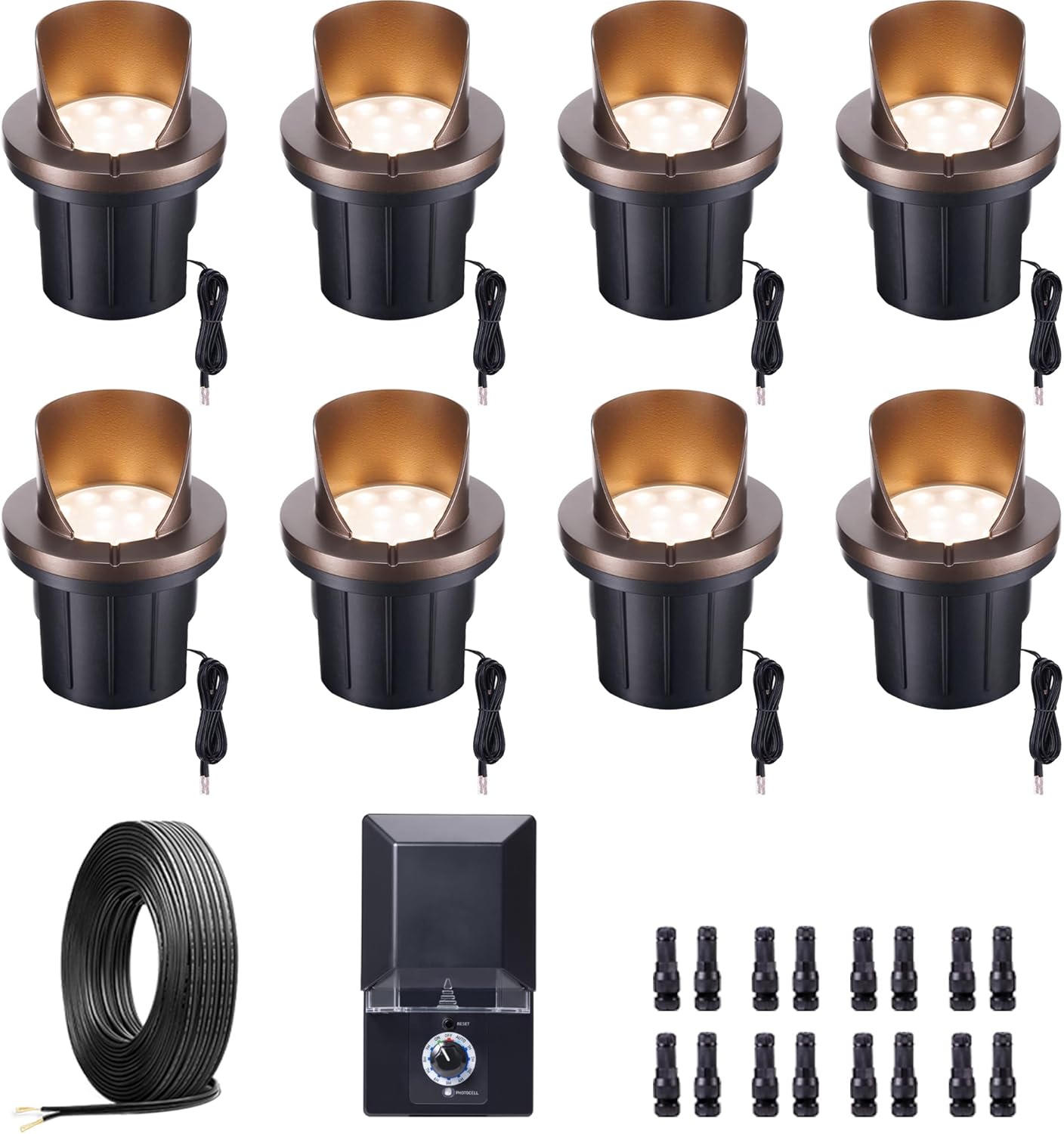 Landscape Well Light Kit, 8 Pack LED Low Voltage In Ground Lights and 100W Transformer and 100FT Cable and 30 Wire Connectors, IP67 Waterproof 12V Outdoor Aluminum for Tree Fence
