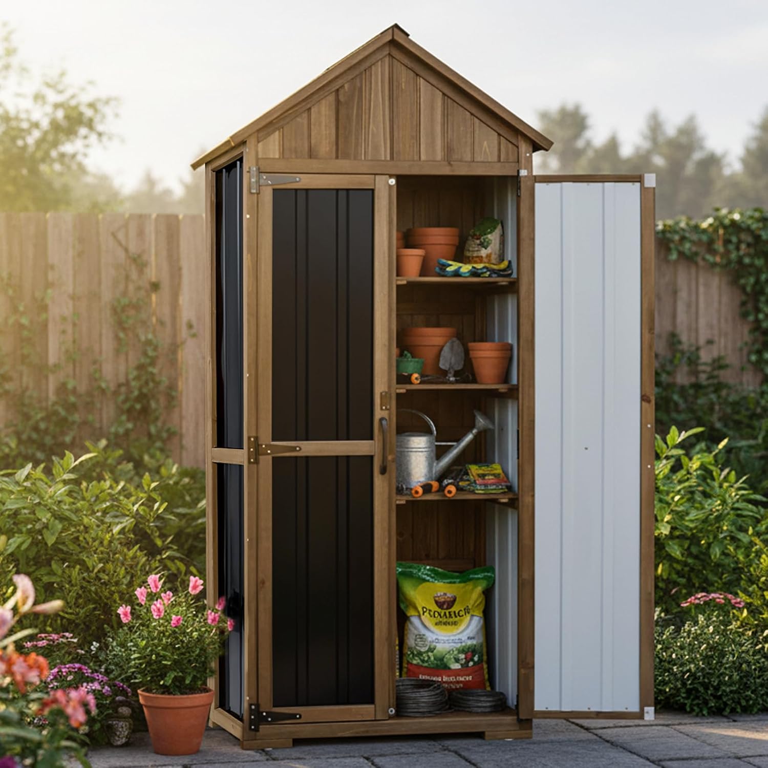 Outdoor Storage Cabinet with Shelf, Wood & Metal Storage Shed with Lockable Doors & Sloping Roof, Outdoor Cabinets for Patio Backyard, Garden Shed Tool Shed and Accessories, Brown