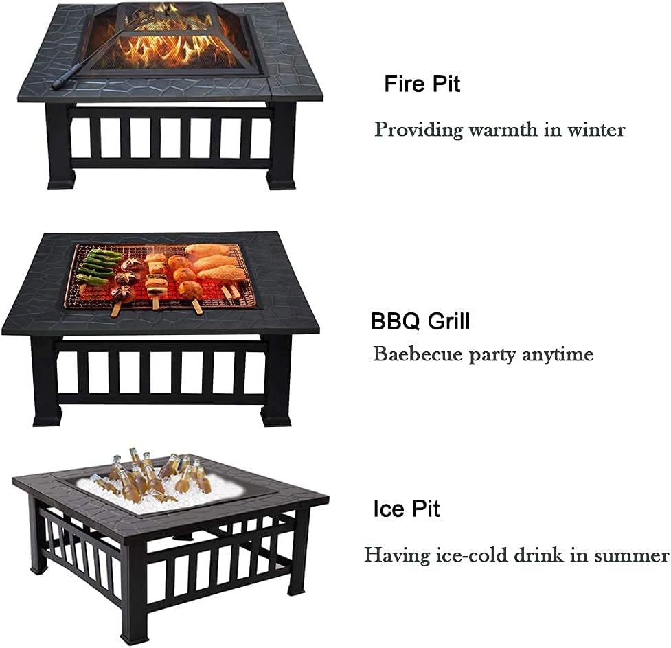 3 in 1 Outdoor Party BBQ Fire Pit with Grill Shelf for Garden Patio, Outdoor Metal Brazier Square Table Heater//Ice Pit Grill Barbecue Rack,