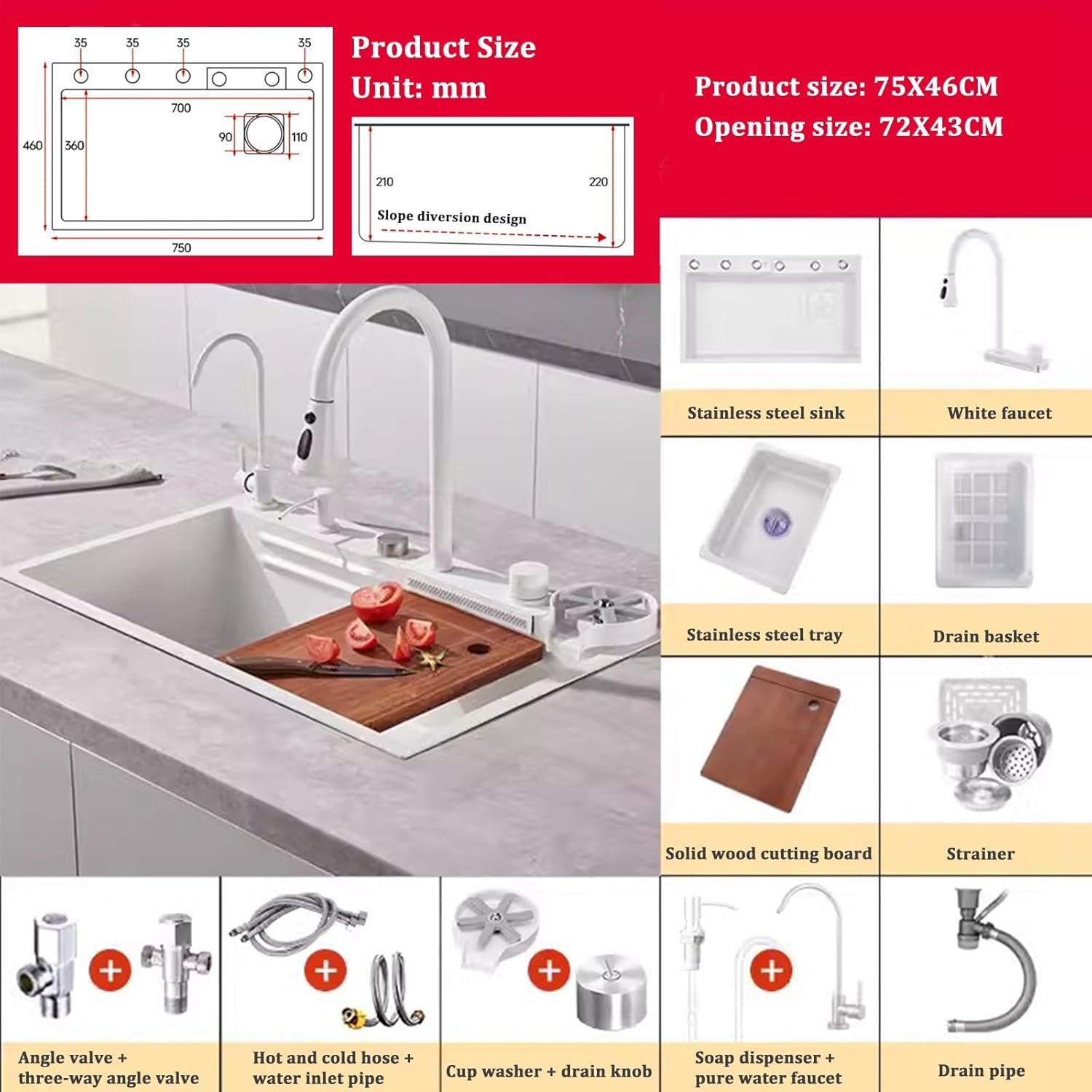 White Kiten Sink Stainless Steel Sink Large Single Bowl Sink White Waterfall Faucet Including Cup Washer Soap Dispenser and Other Accessories