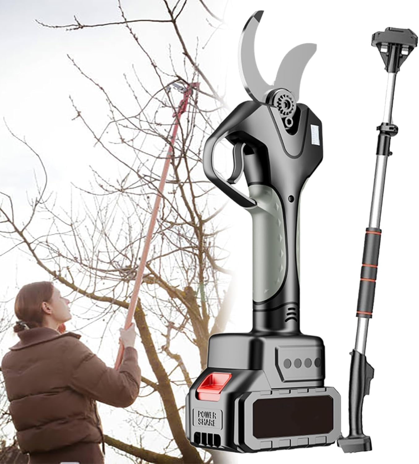 Rod Pruning Shear, Battery Powered Cordless Electric Pruning, Reach To 7.0-ft, Tree Pruner with Rechargeable Battery, 3 Inch Cutting Diameter(2 Battery)