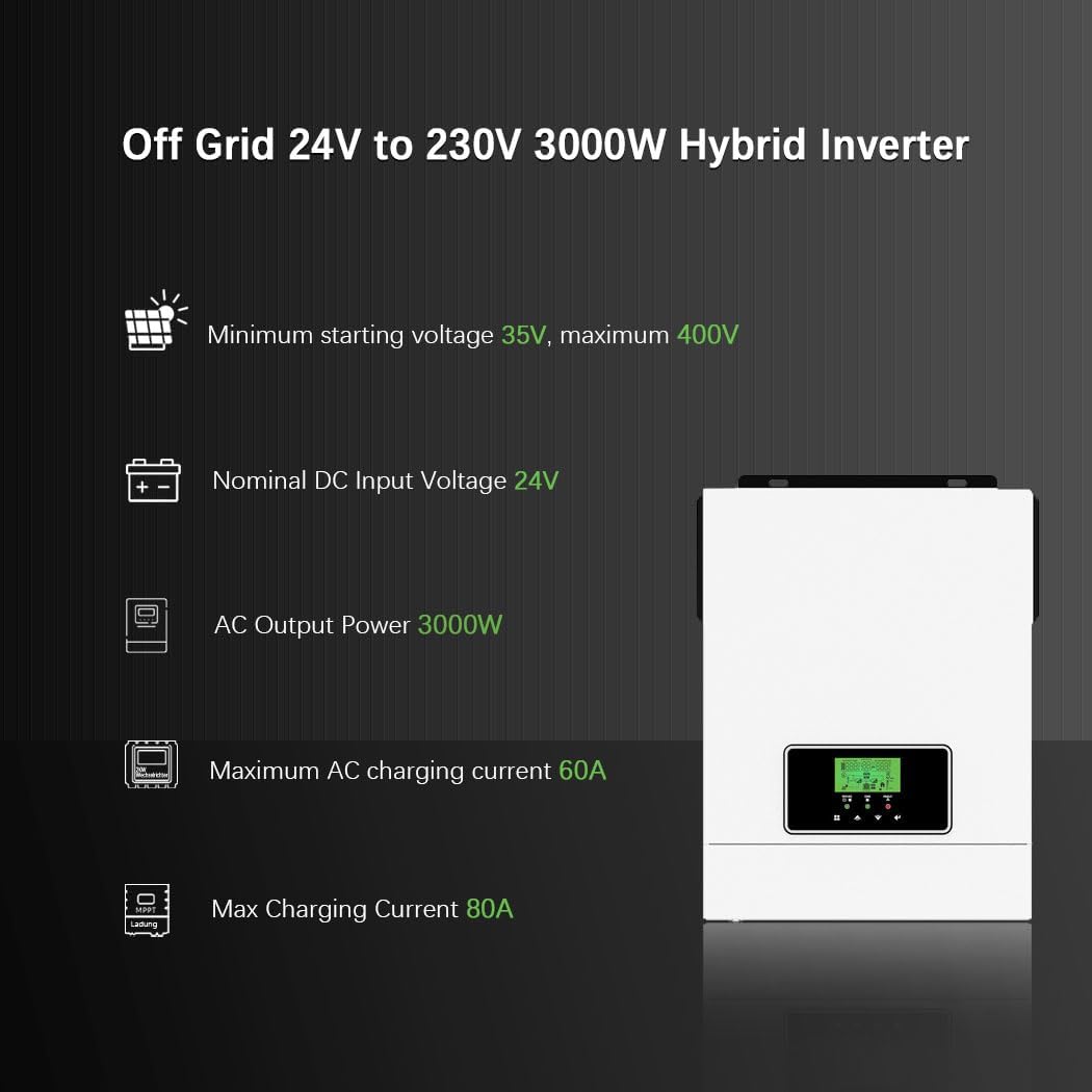 Y&H 3000W Solar Hybrid Inverter DC24V to AC230V, Off-Grid Pure Sine Wave Inverter with 80A MPPT Solar Charger + AC Charger,Max PV 3000W DC30-400V Input,fit for 24V Lead-Acid/Lithium Battery