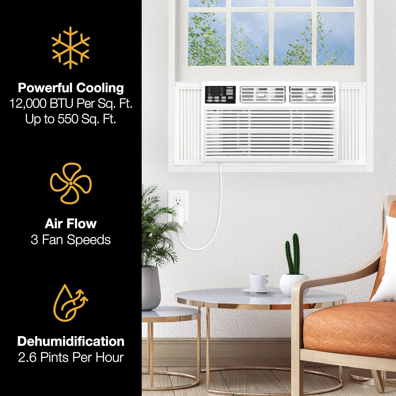 Whirlpool 12,000 BTU 115V Window-Mounted Air Conditioner with Remote Control, Window AC for Rooms up to 550 Sq.Ft, LCD Display, Auto-Restart, 24H Timer, White
