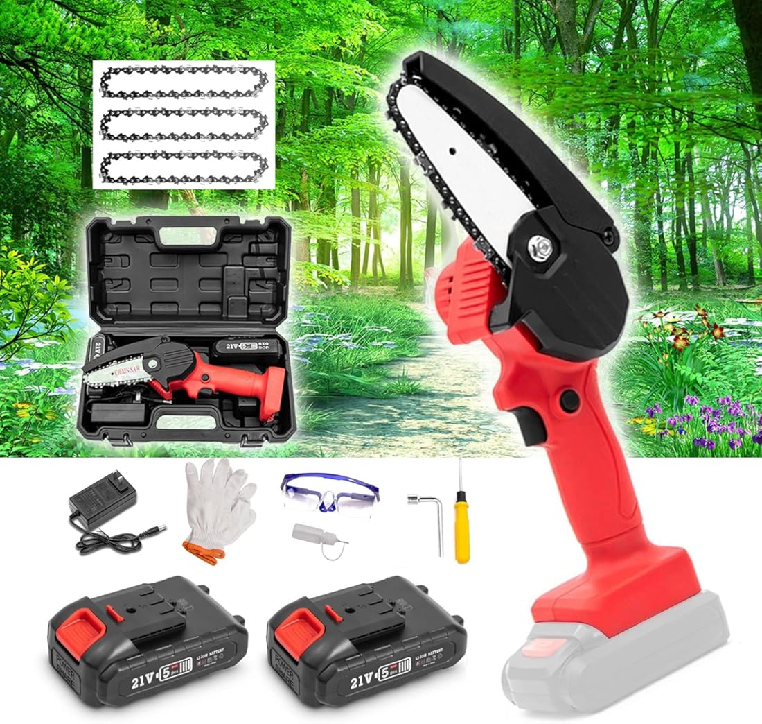 Mini Chainsaw Cordless, 4-Inch 21V Electric Chainsaw with 2 Batteries, 2.0Ah Battery Powered Chainsaw Handheld for Tree Trimming and Branch Wood Cutting (Color : Red)