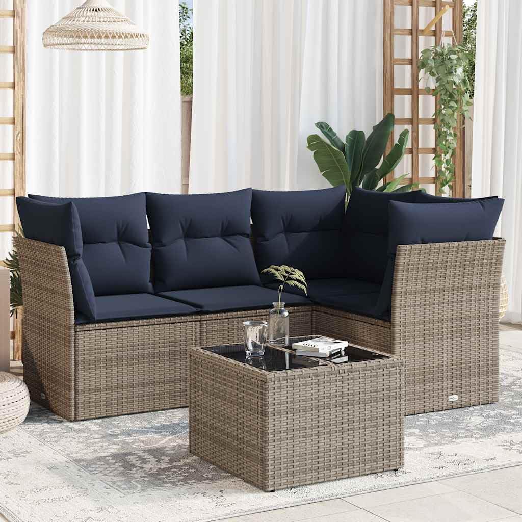 5 Piece Patio Sofa Set with Cushions, Gray Poly Rattan Outdoor Furniture, Modular Design for Backyard Terrace Balcony, UV-Proof
