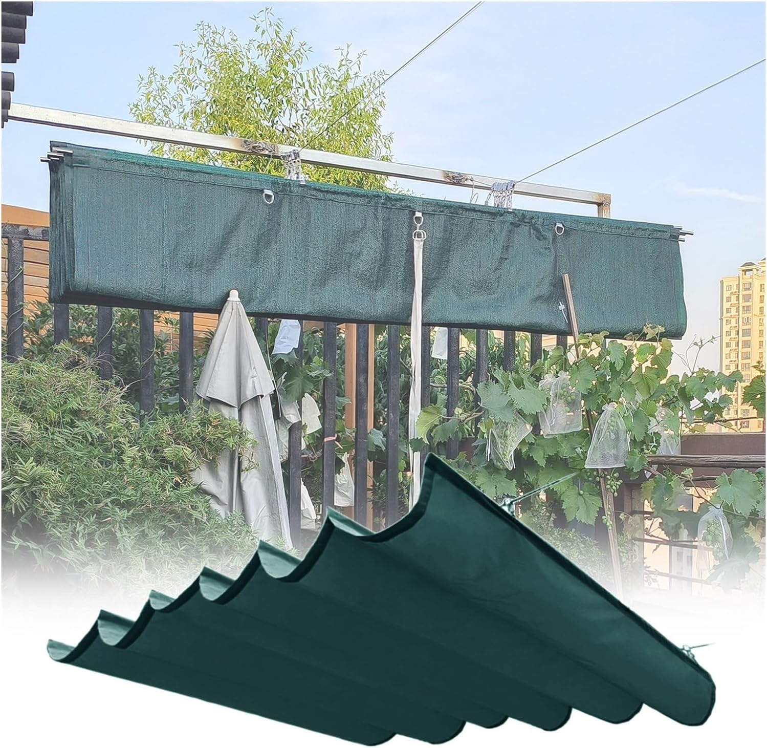 Retractable Shade Canopy Cover, Outdoor Hang Down U Shape Awning, Sliding Wave Shade Sail for Pergola Patio Deck Yard Gazebo (Color : Green, Size : 3.3FTx39.4FT)