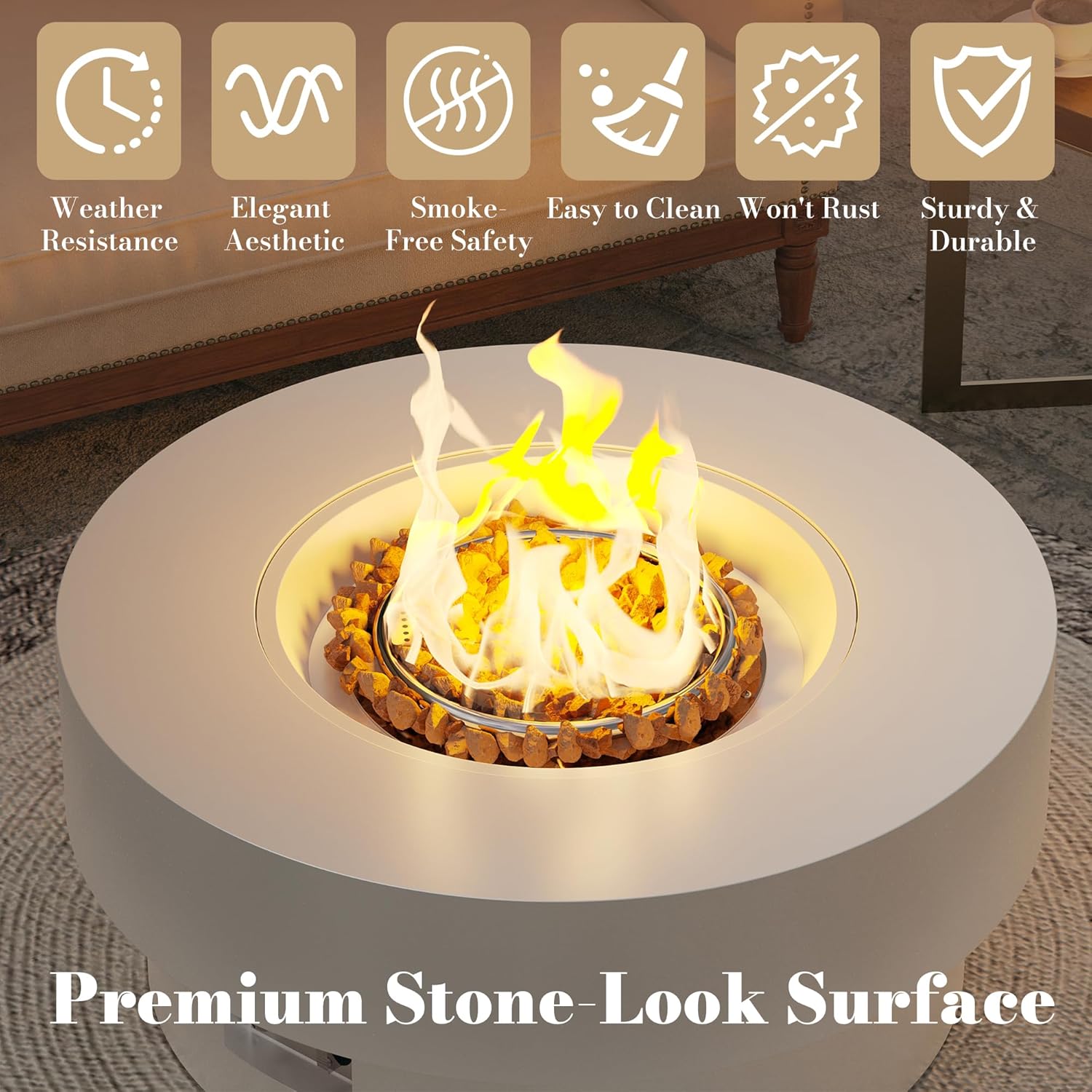 32.5 Inch Propane Fire Pit Table, 50,000 BTU Round Patio Fire Pit Table Outdoor, CSA Certified, Stainless Burner with Steel Lid, Waterproof Cover & Lava Rocks, for Backyard Garden, White