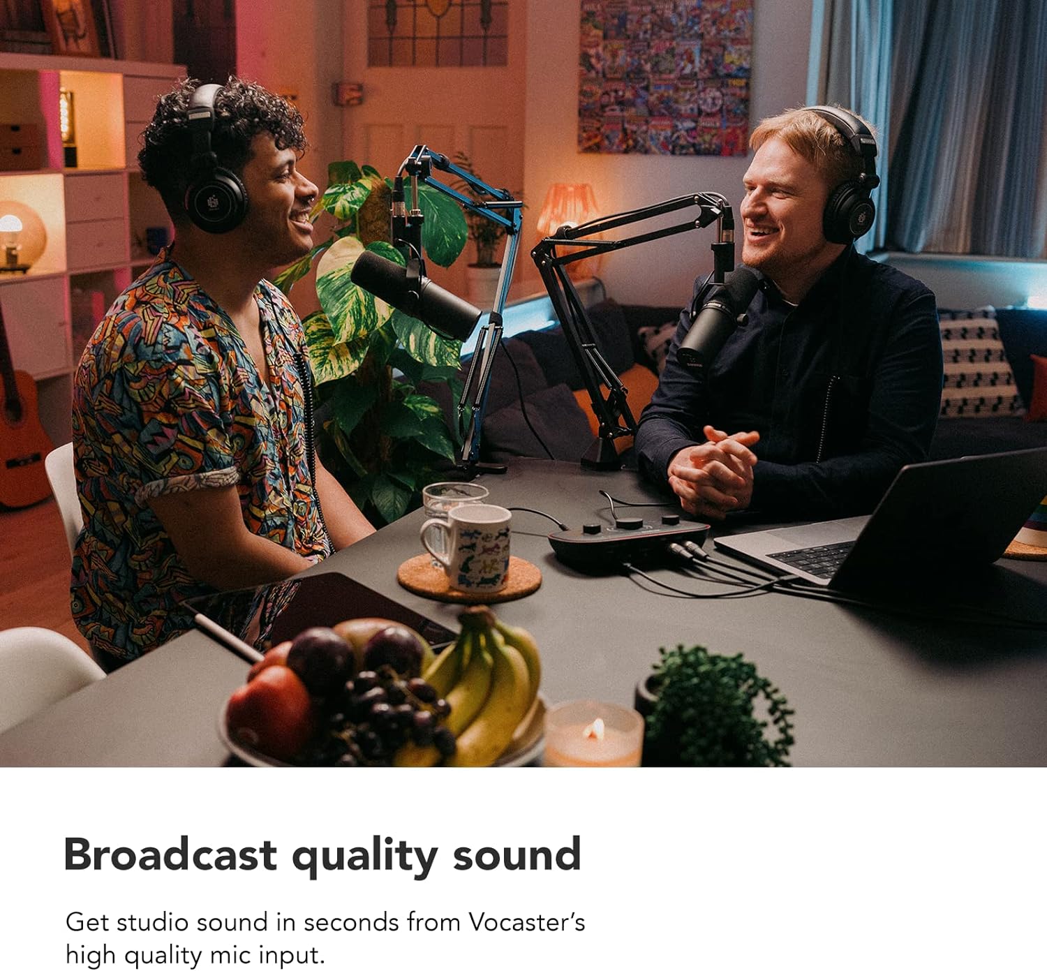 Focusrite Vocaster Two — Podcasting Interface for Recording Host and Guest. 2 Mic Inputs and Headphone Outputs, with Auto Gain, Enhance, and Mute. Small, Lightweight, and Powered by Computer