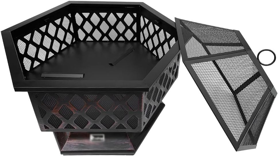 BBQ Grill Outdoor Fireplace Fire Pit Stove Garden Patio Wood Log Barbecue Net Set Cooking Tools Camping Brazier for Xmas, bronze