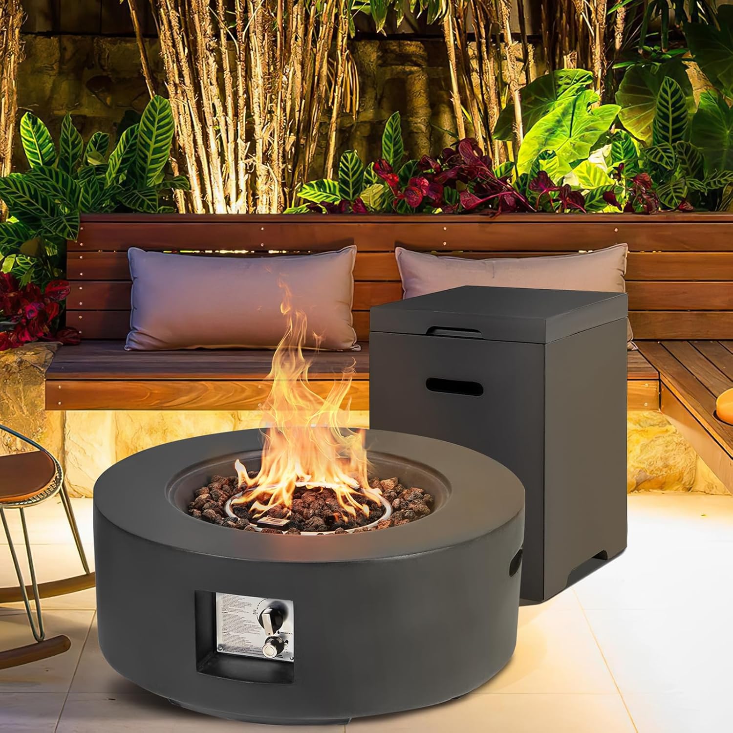 ECOTOUGE 2-Piece Gas Fire Pit, Outdoor Propane Fire Pit Table Set w/Tank Cover, 30''Auto-Ignition Round Steel Fire Table, 50,000 BTU Concrete Fire Pit w/Weather-Resistant Pit Cover, Lava Rocks, Black