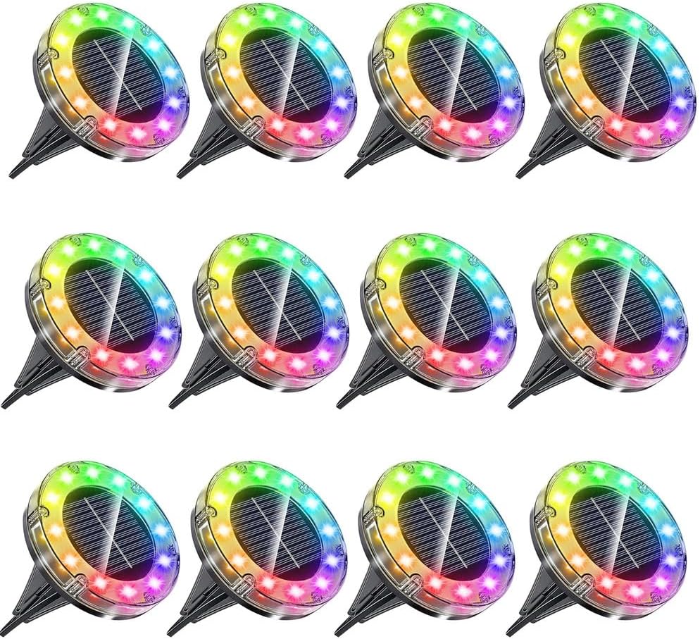 Multicolor 12 led,Solar Ground Lights Outdoor, 12 Pack 8-12LED Solar Garden Lights Waterproof Sidewalk Disk Bright In-Ground for Lawn Patio Pathway Yard Steps Deck Walkway