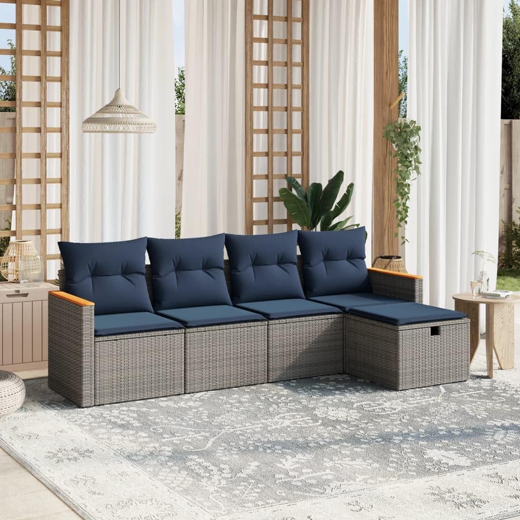 5 Piece Patio Sofa Set, Gray Poly Rattan Outdoor Sectional Furniture with Cushions, Modular Design for Backyard, Terrace