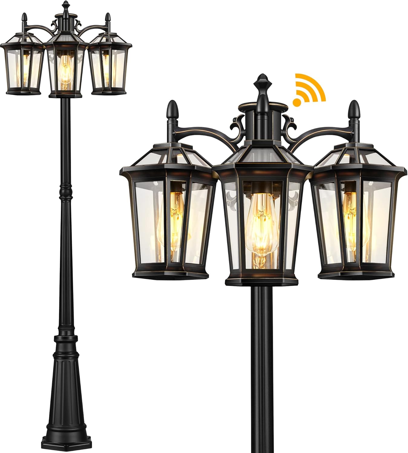 VIANIS Lamp Post Outdoor Lighting Dusk to Dawn, Waterproof 3-Head Outdoor Post Lights with 100% Aluminum, Outside Lamp Post Street Light with Tempered Glass Panels for Backyard Garden Patio Driveway