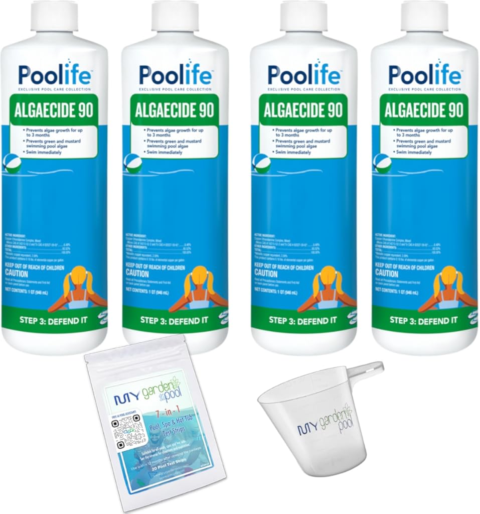 Poolife Algaecide 90 – Long-Lasting Copper Pool Algaecide for Green, Black & Mustard Algae – 90-Day Protection – Includes 7-in-1 Test Strips, Measuring Cup & Pool-IQ AI Assistant 4 Pack