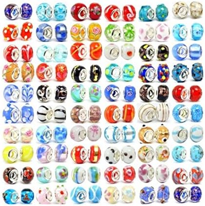 Bundle 100pc Lot Silver Lampwork Murano Glass European Mix Beads - Compatible with Pandora, Biagi, Troll, Chamilia