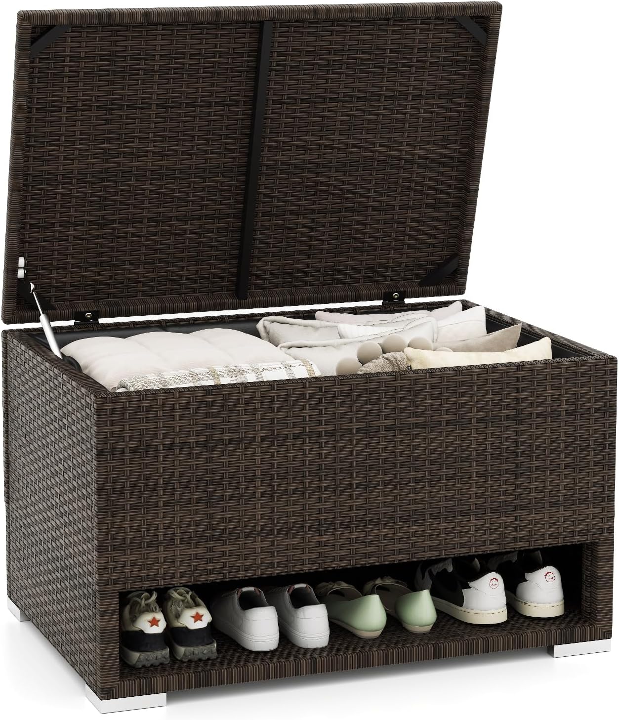 Tangkula 48 Gallon Rattan Outdoor Storage Box with Shoe Rack, Outdoor Storage Bin with Protective Liner, PE Wicker Deck Box for Patio Cushion Furniture, Pool Supplies and Garden Tools (48 Gallon)