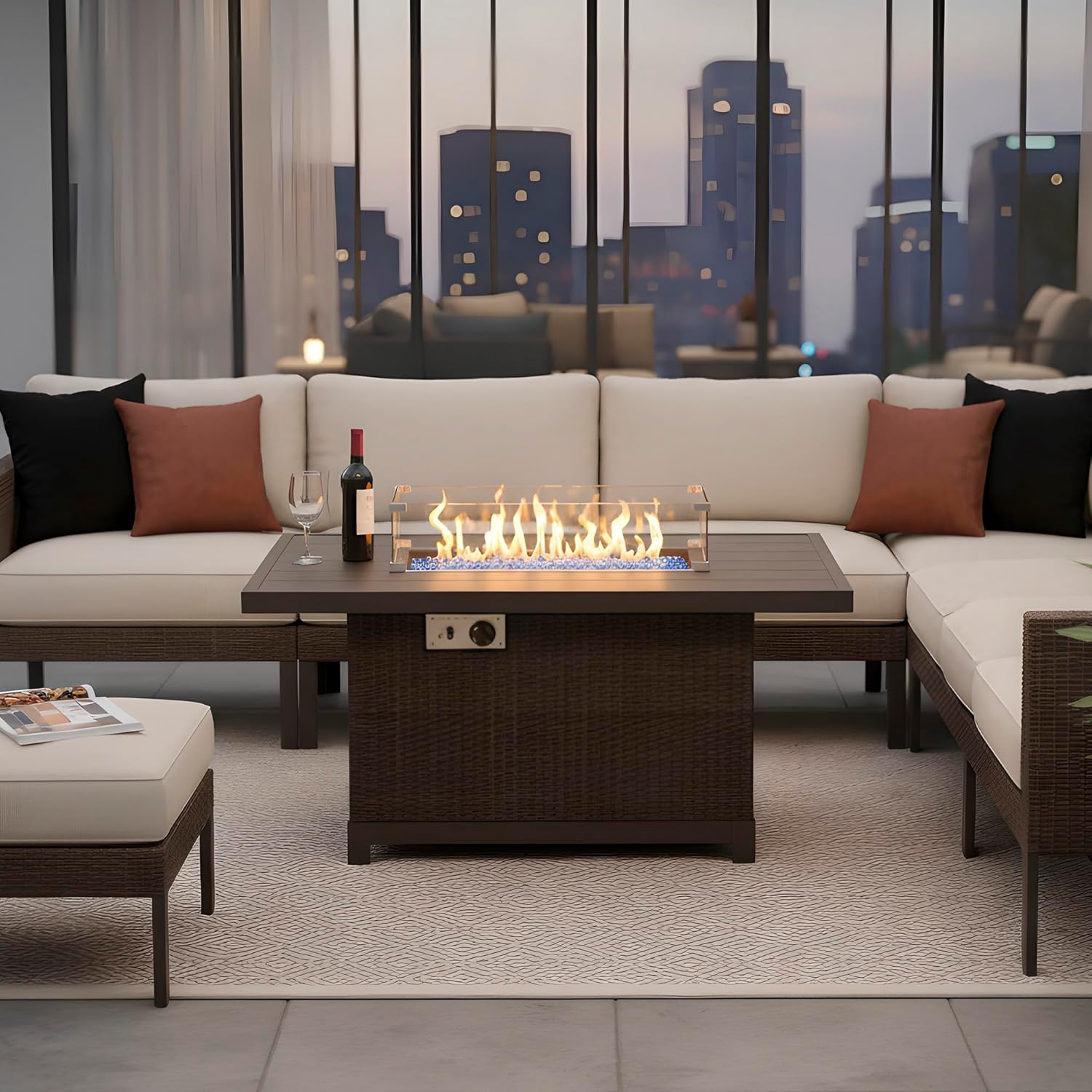 Kinger Home Novi Rattan 52-Inch Propane Gas Fire Pit Table with Rectangular Aluminum Frame, 50,000 BTU Outdoor Patio Firepit, Includes Wind Guard and Fire Glass, Brown