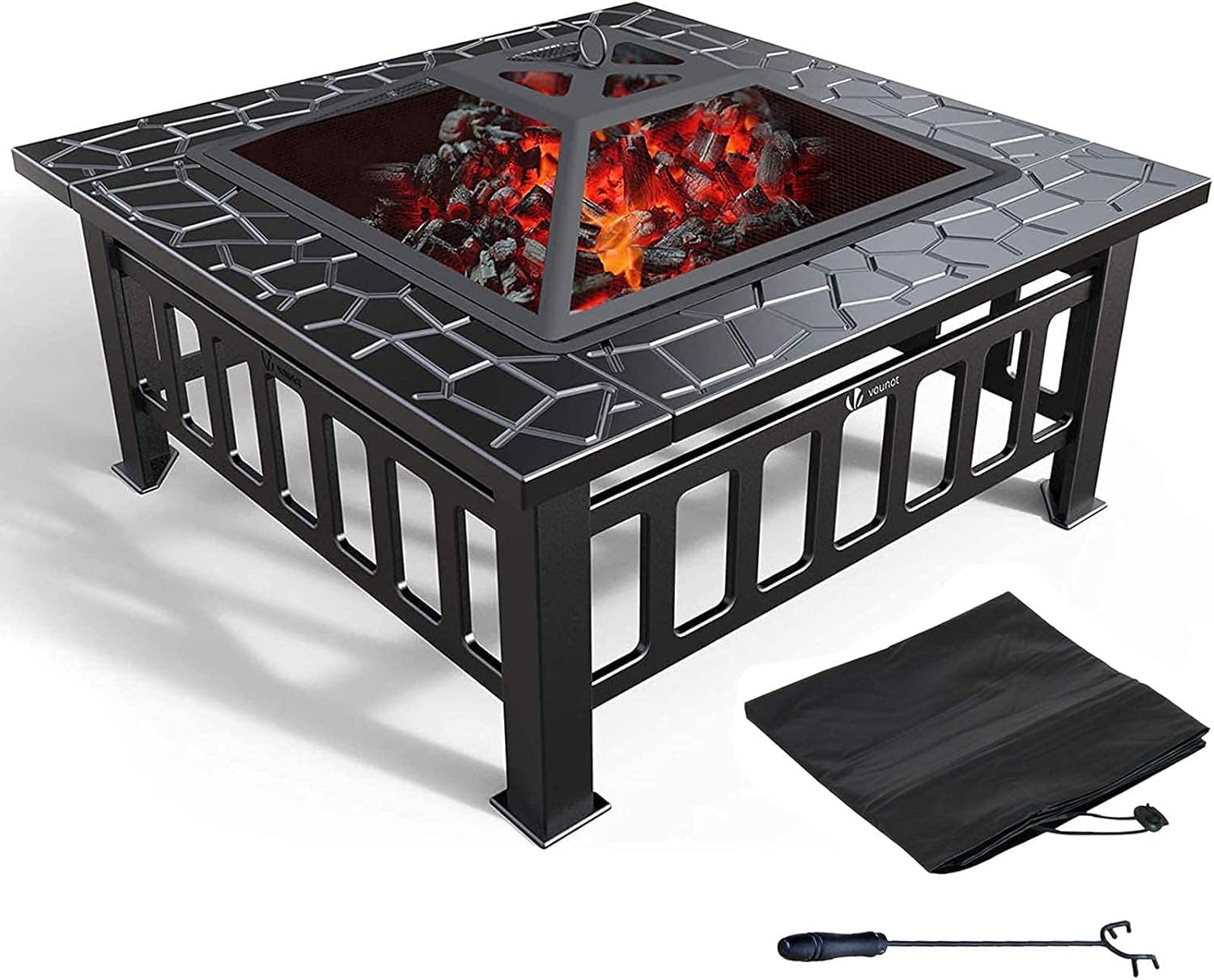 3 in 1 Outdoor Fire Pit,Metal Brazier Square Table Firepit Garden Patio Heater/BBQ/Ice Pit with Waterproof Cover