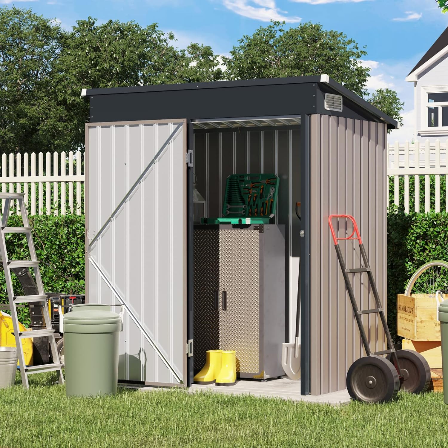 Verano Garden 5'x3' Outdoor Storage Shed, Galvanized Metal Steel Garden Shed with Lockable Door, Small Bike Storage for Backyard, Patio, Lawn,Taupe (55.31