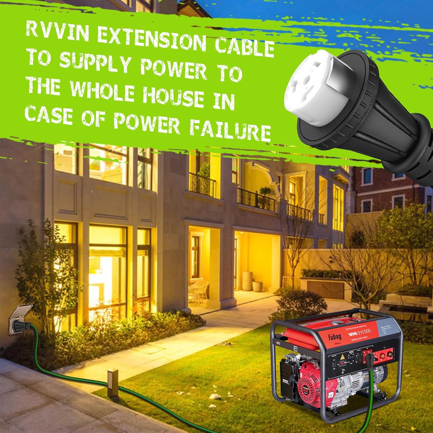 50 Amp 25 Feet RV Extension Cord, 14-50P to SS2-50R Heavy Duty STW Generator Extension Cord for RV Camper and Generator to House, with Locking Connector, ETL Listed (Black&Green)