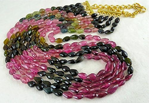 5 Line Natural Multi Tourmaline Facetted Tear Drops Beads String Necklace 22 INCHES 11MM to 8MM