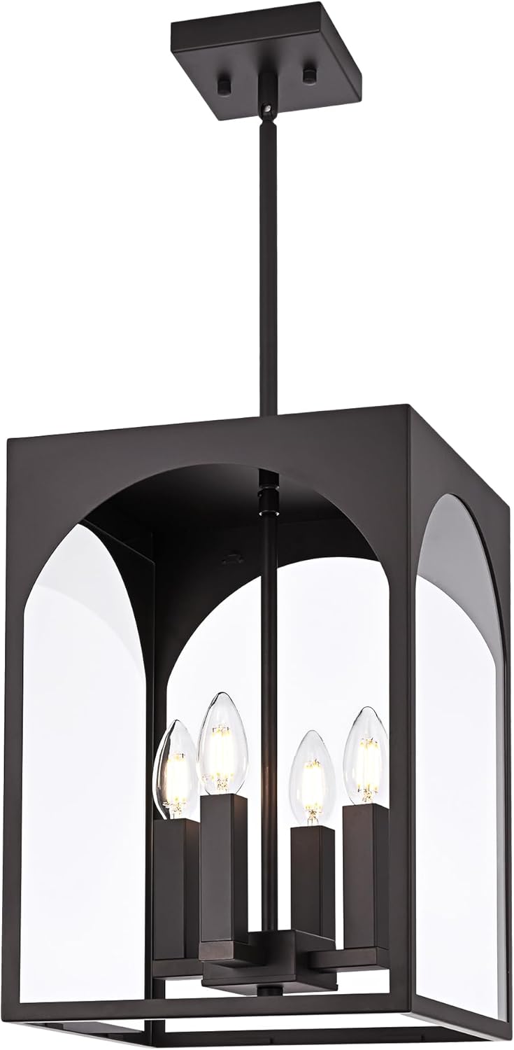 VINLUZ Outdoor 4 Light Pendant Lighting,Classic Outside Chandelier Exterior Hanging Lantern Light with Clear Glass Shade Oil Rubbed Bronze Finish for Porch, Yard, Gazebo