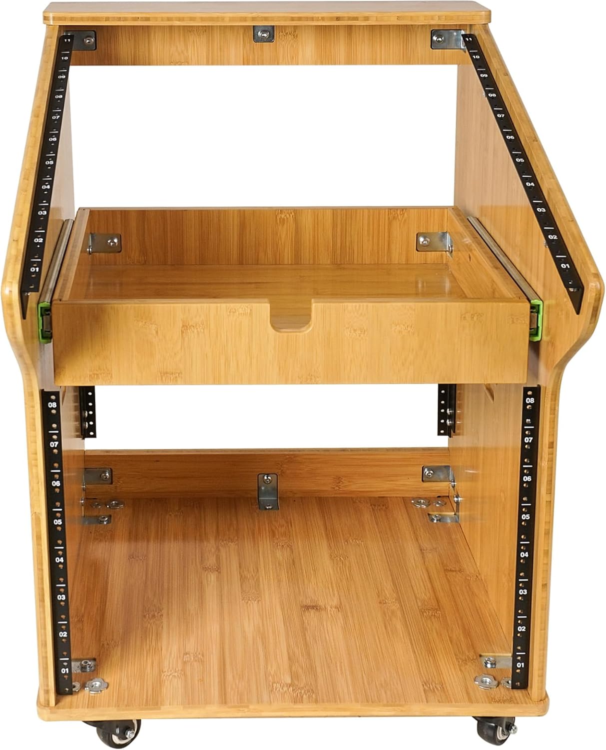 Sound Town DIY Solid Carbonized Bamboo Studio Rack with 11U Slant Mixer Top, 8U Front, 2U Drawer, Rubber Feet, Casters, for Recording Room, PA/DJ Equipment, Home-Audio (STBR-M11X8)