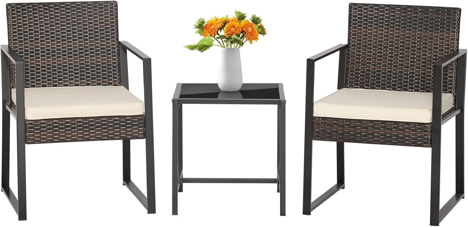 Tangkula 3 Piece Patio Furniture Set, Modern Heavy Duty All Weather Cushioned Wicker Chairs and Coffee Table Set, Suitable for Front Porch, Backyard, Garden, Poolside and Deck (Mix Brown)