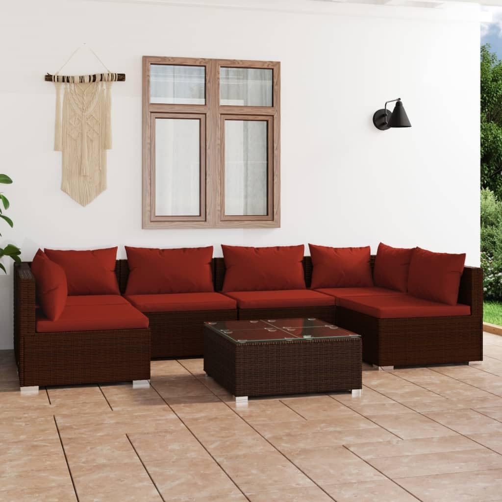 7 Piece Patio Lounge Set with Cushions Poly Rattan Brown,Modern Outdoor Lounge Set with Comfortable Cushions and Modular Design for Patio Patio Furniture, Outdoor Furniture Sets