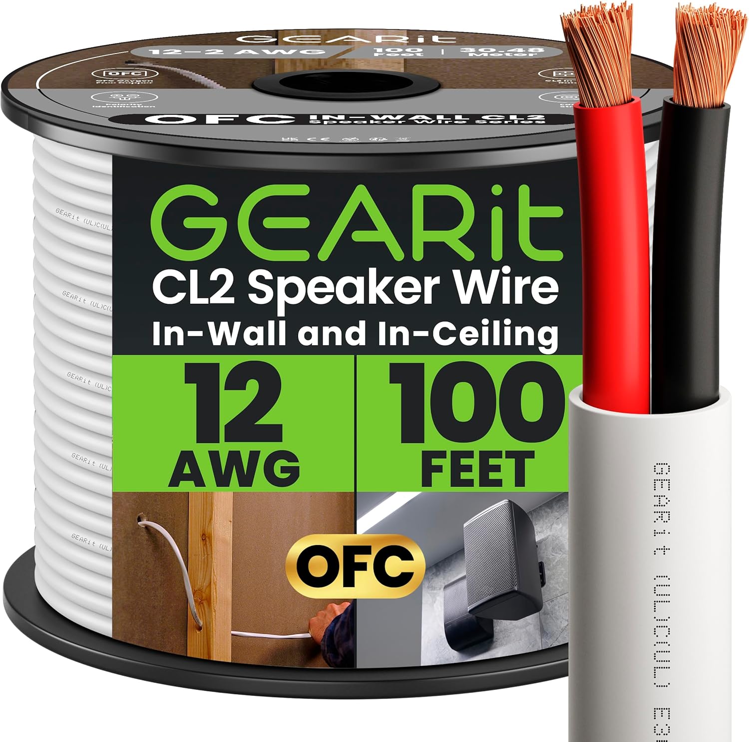 GearIT 12/2 Speaker Wire (100 Feet) 12AWG Gauge - in Wall Audio Speaker Wire Cable / CL2 Rated / 2 Conductors - OFC Oxygen-Free Copper, White 100ft