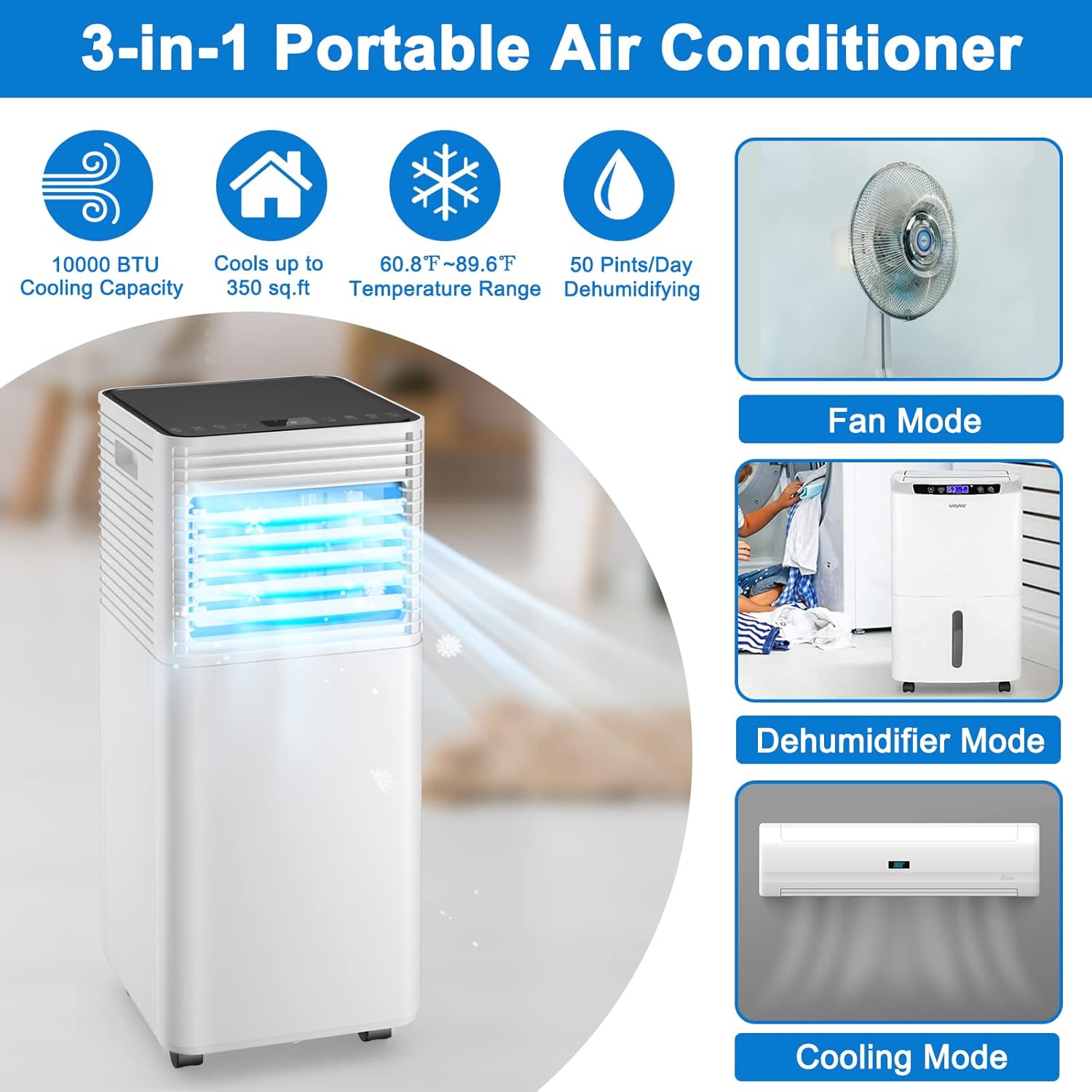 Portable Air Conditioner, 10,000 BTU AC Unit with Dehumidifier, Fan & Sleep Mode, Air Cooler w/2 Wind Speeds & 24H Timer, Touch Panel & Remote Control, Includes Exhaust Hose/Window Kit