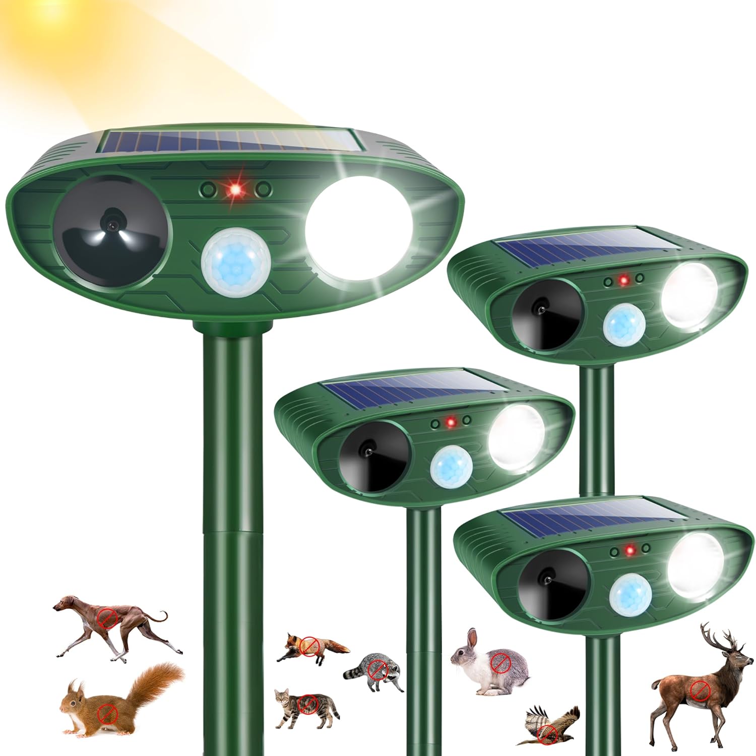 4 Pcs Solar Ultrasonic Animal Repeller Outdoor, Cat & Deer Repellent with Strobe Light, Waterproof Animal Deterrent Devices to Protect Garden Yard from Rabbit, Raccoon, Squirrel, Dog, Coyote, Skunk