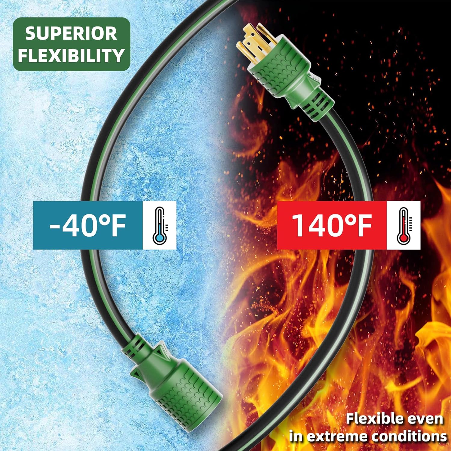 4 Prong 30 Amp Extension Generator Cord 50FT, NEMA L14-30P/L14-30R, 125/250 Volt Up to 7500 Watts, 10 Gauge SJTW Twist Lock Power Cord for Manual Transfer Switch, Black&Green, ETL Listed