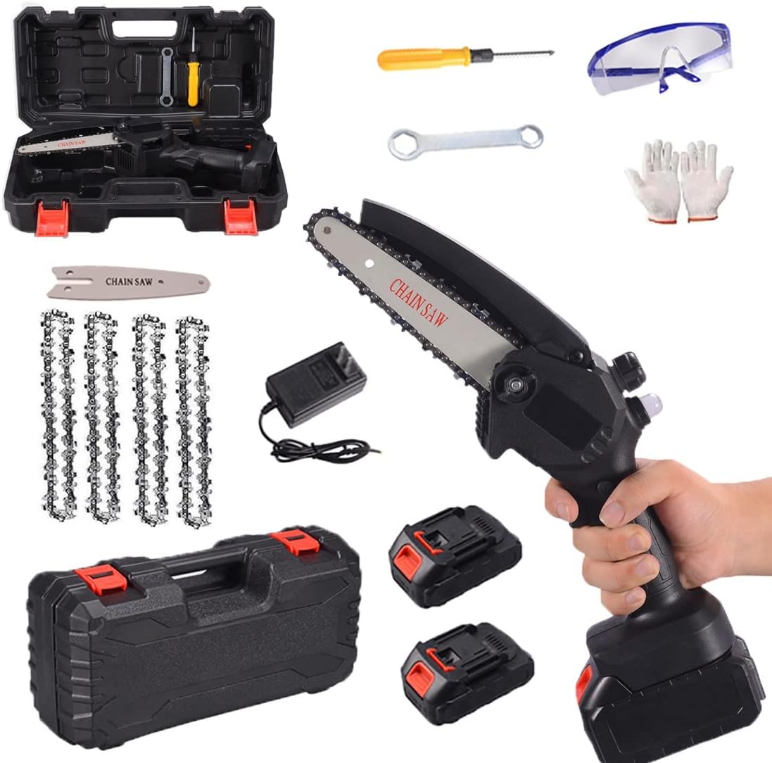 Mini Chainsaw,6 Inch Cordless Battery Powered Chain Saw, One-Hand Chainsaw,Electric Chainsaw, Handheld Mini Chainsaw for Cutting Pruning and Gardening (Color : Black-36V, Battery *1 : 4*Chain)