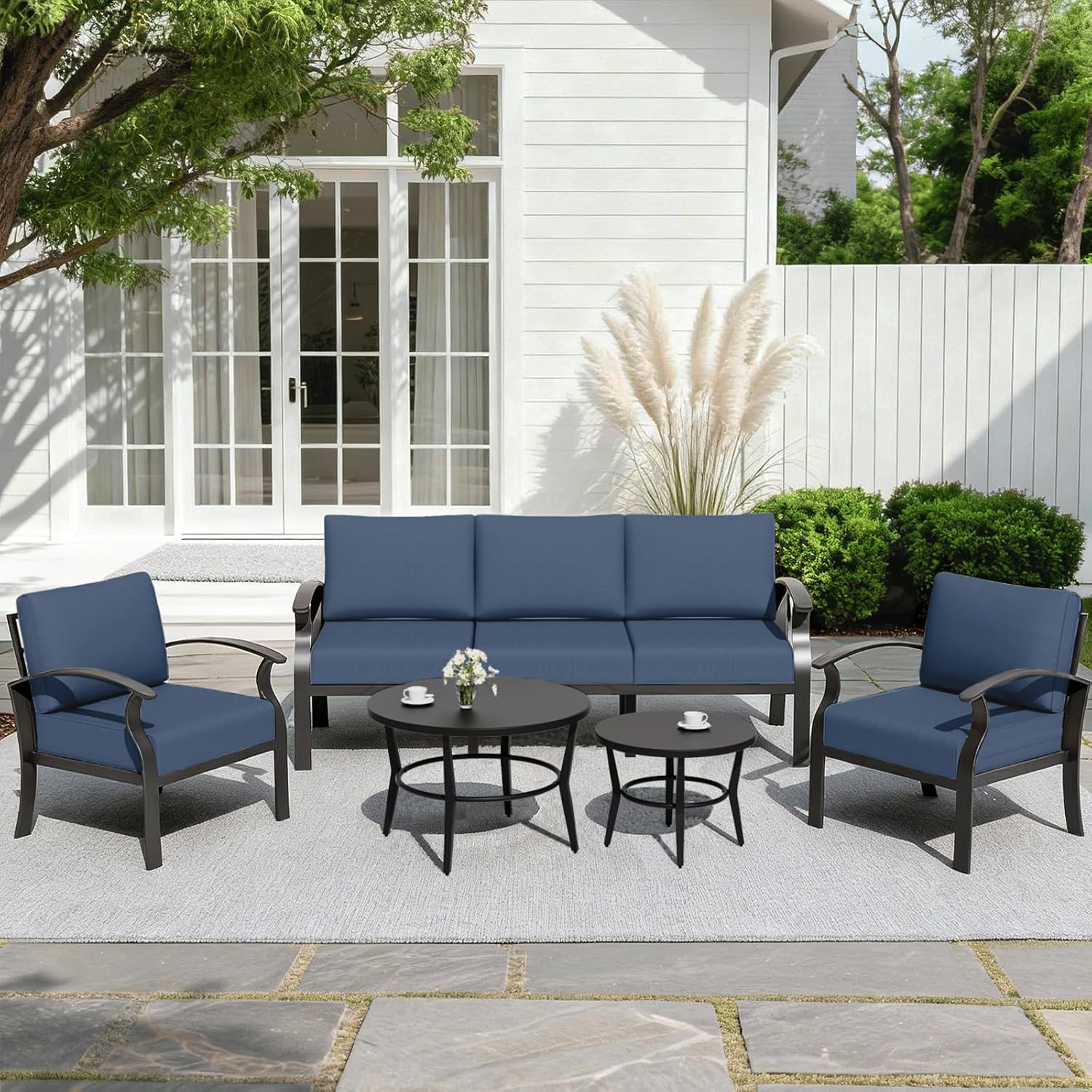 ALAULM Aluminum Patio Furniture Set with Round Coffee Tables, 5-seat Outdoor Sectional Furniture w/5.1