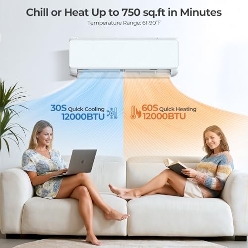 12000 BTU Mini Split Ac Heating System, 22 SEER2 Ductless Inverter Mini Split Ac Unit with Heat Pump & Installation Kit, Cools up to 750 Sq.Ft, WIFI and Remote Control, 115V