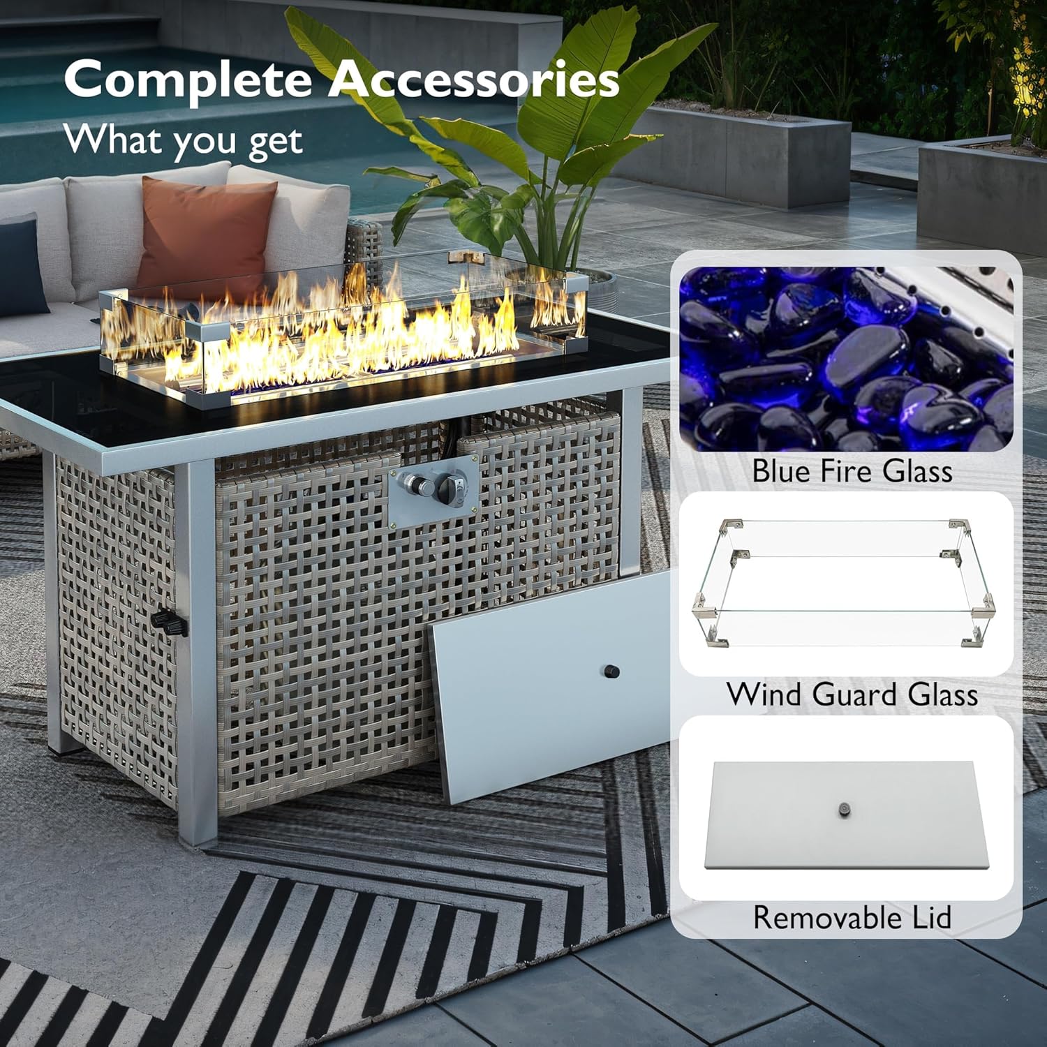 Propane Gas Fire Pit Table, 60000 BTU Rectangular Open Weave Wicker with Glass Wind Guard for Outside Patio Deck Garden Backyard(Grey)