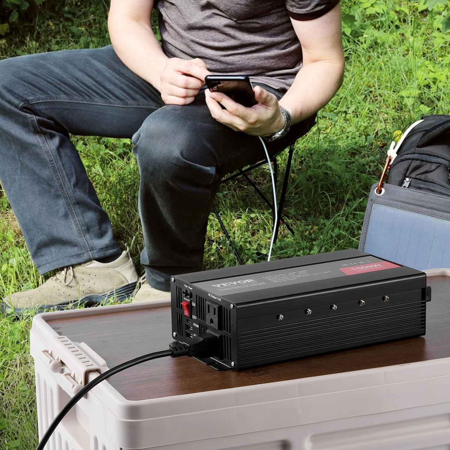 VEVOR Modified Sine Wave Inverter, 1500W Power Inverter DC 12V to AC 120V with 2 AC Outlets 2 USB Port 1 Type-C Port 6 Spare Fuses, for Small Home Devices Like Smartphone Laptop, CE FCC Certified
