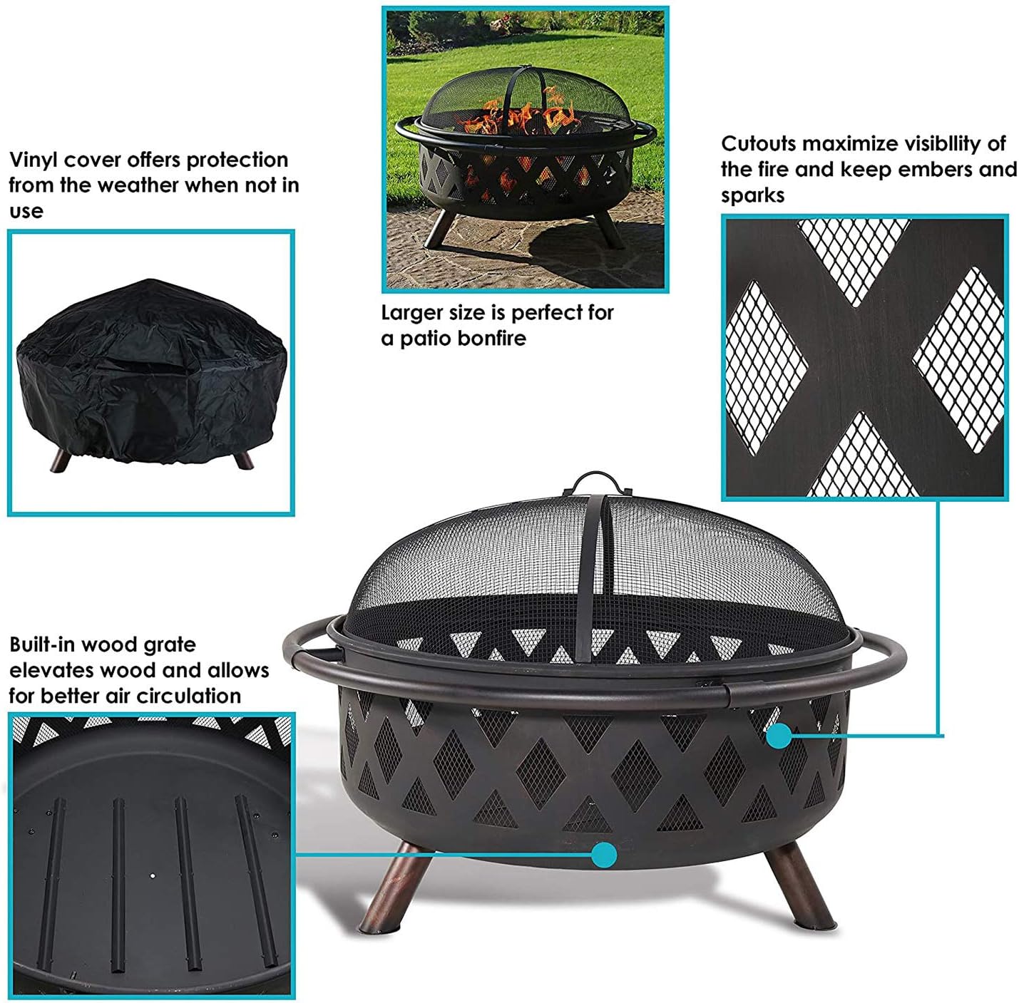 36 Inch Outdoor Fire Pit,with Cooking BBQ Grill Grate Fireplace Poker,Large Portable Wood Burning Firebowl