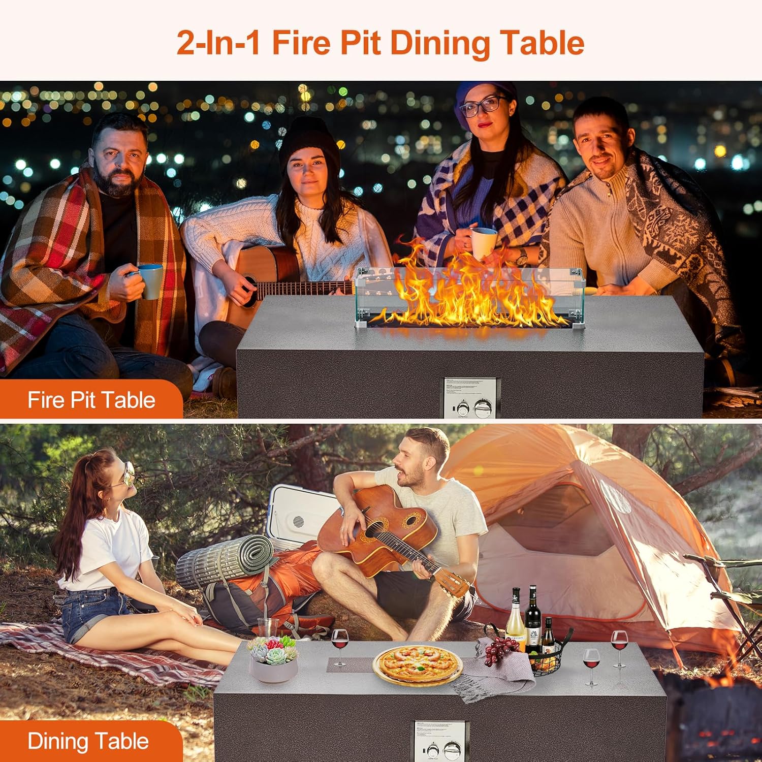 48 in Outdoor Fire Table, 48 in Rectangle Propane Gas Fire Pit Table, 50,000 BTU Modern Firepit with 16 in Tank Cover Side Table, Wind Guard, Fire Glass, Rain Cover, Antique Bronze