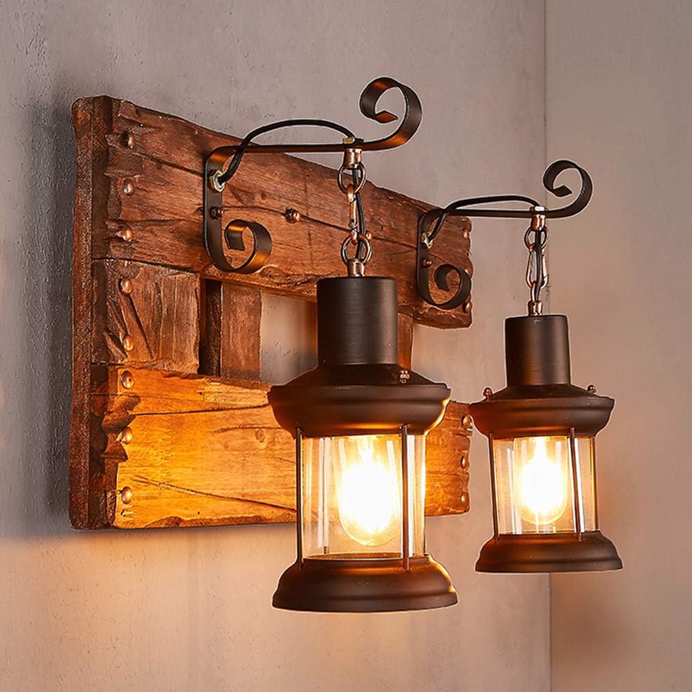LAKIQ Industrial Farmhouse Wall Sconce Lighting Fixture Wooden Base Indoor Rustic Wall Lamp Light with 2 Lantern Lights for Bar Restaurant