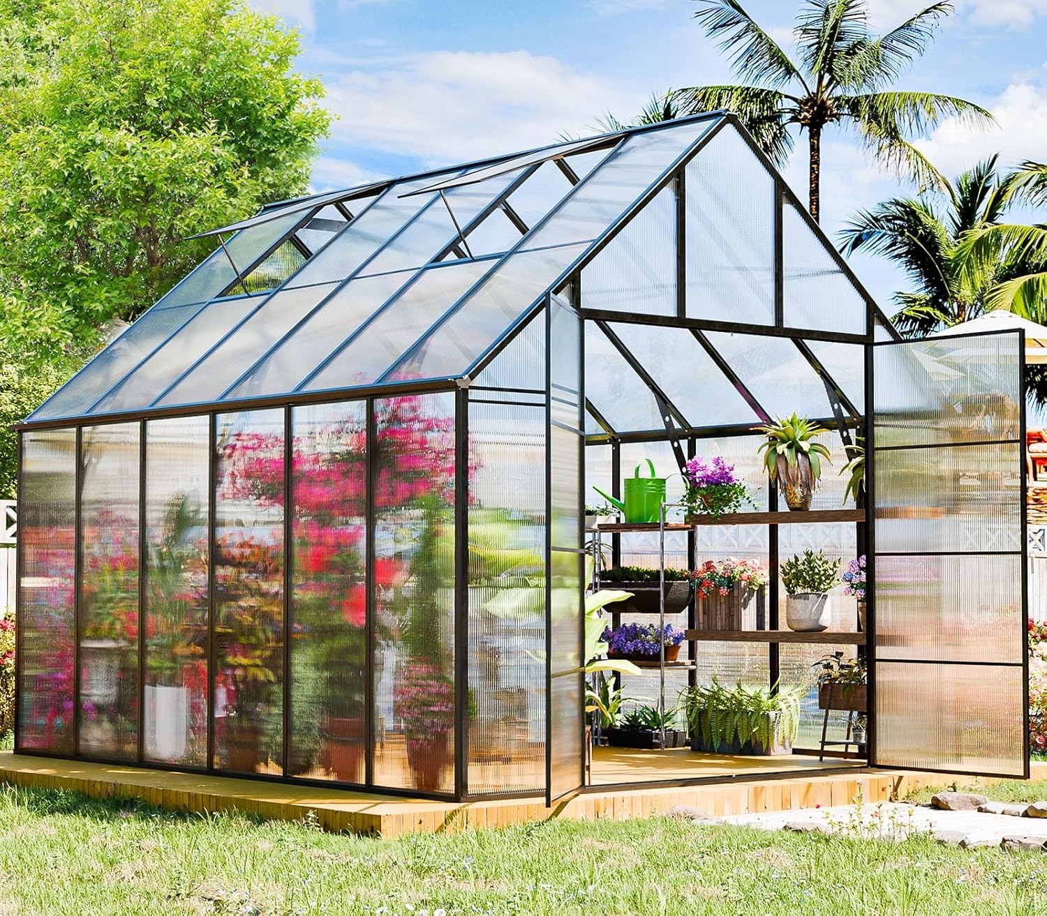 Outdoor Polycarbonate Greenhouse Kit,12x10x10 FT Large Outsides Aluminum Frame Heavy Duty Green House with Transparent Panels Windows Door for Backyard Garden, Walk in Plant Greenhouses,Black Frame